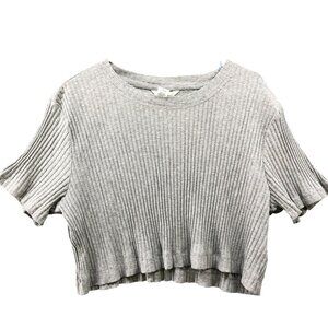 H&M Cropped T‎ Shirt Womens L Gray Ribbed Crewneck Stretch Short Sleeve